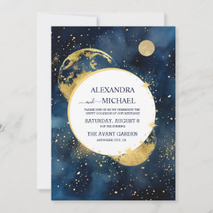 Mystic Midnight Blue and Gold Watercolor Wedding Invitation