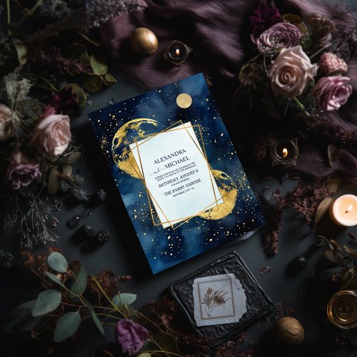 Mystic Midnight Blue and Gold Watercolor Wedding Invitation