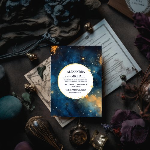 Mystic Midnight Blue and Gold Watercolor Wedding Invitation