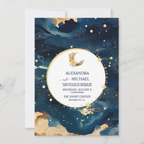 Mystic Midnight Blue and Gold Watercolor Wedding Invitation