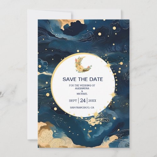 Mystic Midnight Blue and Gold Watercolor Wedding Save The Date