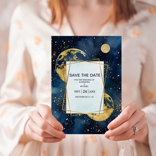 Mystic Midnight Blue and Gold Watercolor Wedding Save The Date