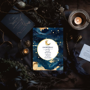 Mystic Midnight Blue Gold Watercolor Engagement Invitation