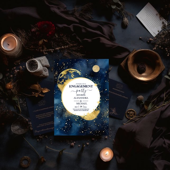Mystic Midnight Blue  Gold Watercolor Engagement Invitation (Creator Uploaded)
