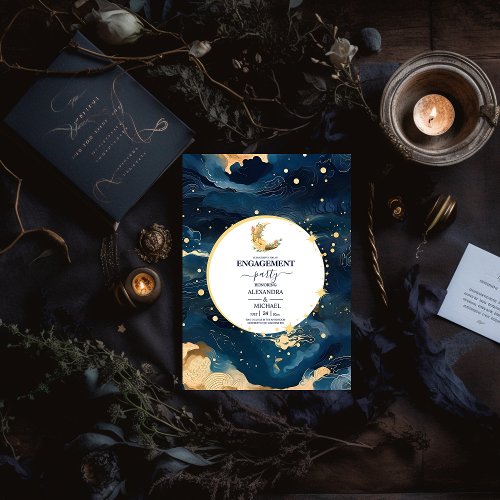 Mystic Midnight Blue  Gold Watercolor Engagement Invitation