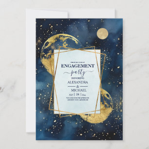 Mystic Midnight Blue Gold Watercolor Engagement Invitation