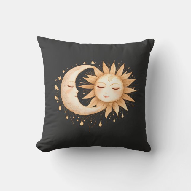 Mystic Moon and Sun Celestial Boho Style Throw Pillow (Front)