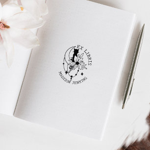 Mystic Moon Cat with Flowers, Ex Libris Book Rubber Stamp