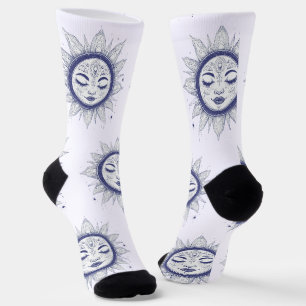 Mystic Moon Face – Celestial Spiritual Line Art Socks