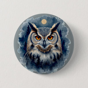 Mystic Moon Owl Watercolor Art   Celestial Forest  Button