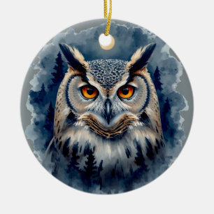 Mystic Moon Owl Watercolor Art Celestial Forest Ceramic Ornament
