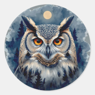 Mystic Moon Owl Watercolor Art Celestial Forest Classic Round Sticker