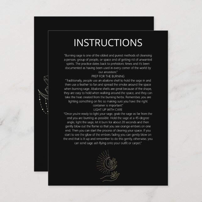 Mystic Moon Sage Cleansing Instructions Note Card (Front/Back)