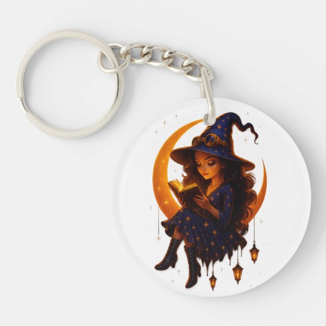"Mystic Moon Witch – Framed Ceramic Art Tile" Keychain (Front)