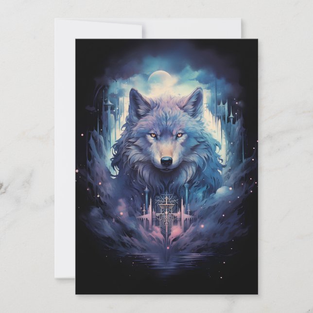 Mystic Moon Wolf Guardian Holiday Card (Front)
