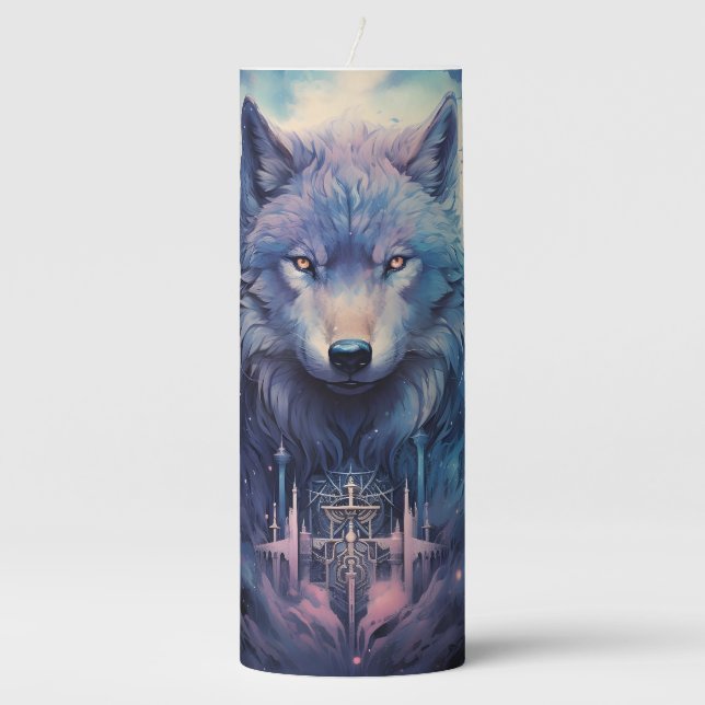 Mystic Moon Wolf Guardian Pillar Candle (Front)