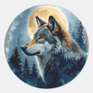 Mystic Moon Wolf Watercolor Art Celestial Forest Classic Round Sticker