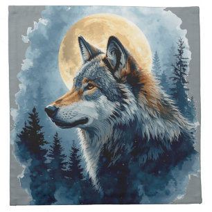Mystic Moon Wolf Watercolor Art Celestial Forest Cloth Napkin