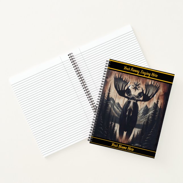 Mystic moose carving on dark wood notebook (Inside)