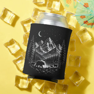Mystic Mountain Wilderness Night Linocut Style Can Cooler