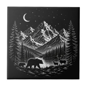 Mystic Mountain Wilderness Night Linocut Style Ceramic Tile