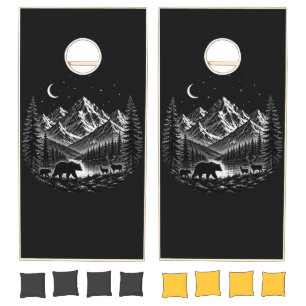 Mystic Mountain Wilderness Night Linocut Style Cornhole Set
