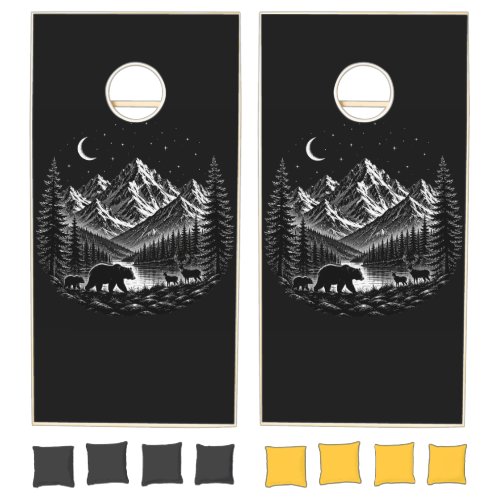 Mystic Mountain Wilderness Night Linocut Style Cornhole Set