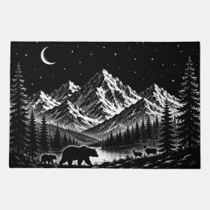 Mystic Mountain Wilderness Night Linocut Style Doormat