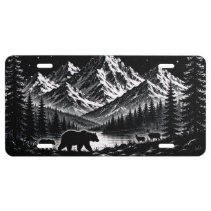 Mystic Mountain Wilderness Night Linocut Style License Plate