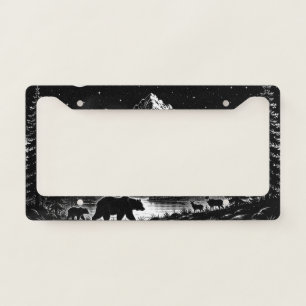 Mystic Mountain Wilderness Night Linocut Style License Plate Frame