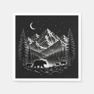 Mystic Mountain Wilderness Night Linocut Style Napkins