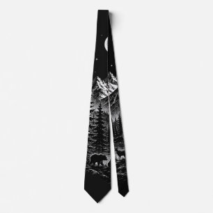 Mystic Mountain Wilderness Night Linocut Style Neck Tie
