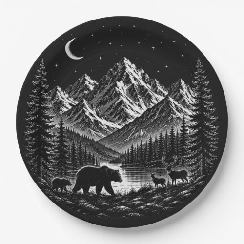 Mystic Mountain Wilderness Night Linocut Style Paper Plates