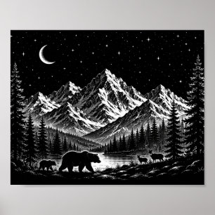 Mystic Mountain Wilderness Night Linocut Style Poster