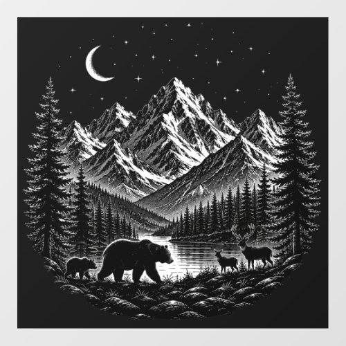 Mystic Mountain Wilderness Night Linocut Style Wall Decal