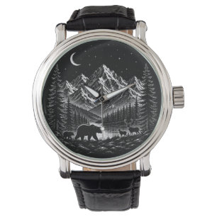 Mystic Mountain Wilderness Night Linocut Style Watch