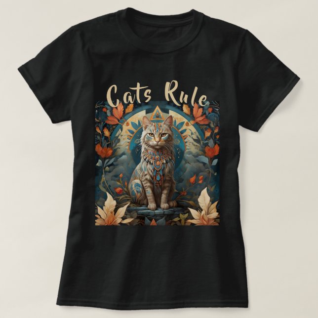 Mystic Native American Multicolor Cats Rule T-Shirt (Design Front)