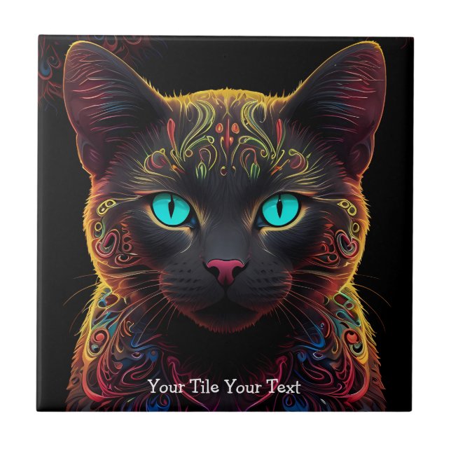 Mystic Neon Mandala Cat Psychedelic Feline Fantasy Ceramic Tile (Front)