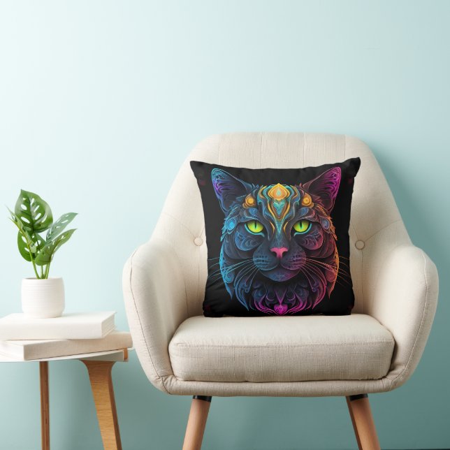 Mystic Neon Mandala Cat Psychedelic Feline Fantasy Throw Pillow (Chair)