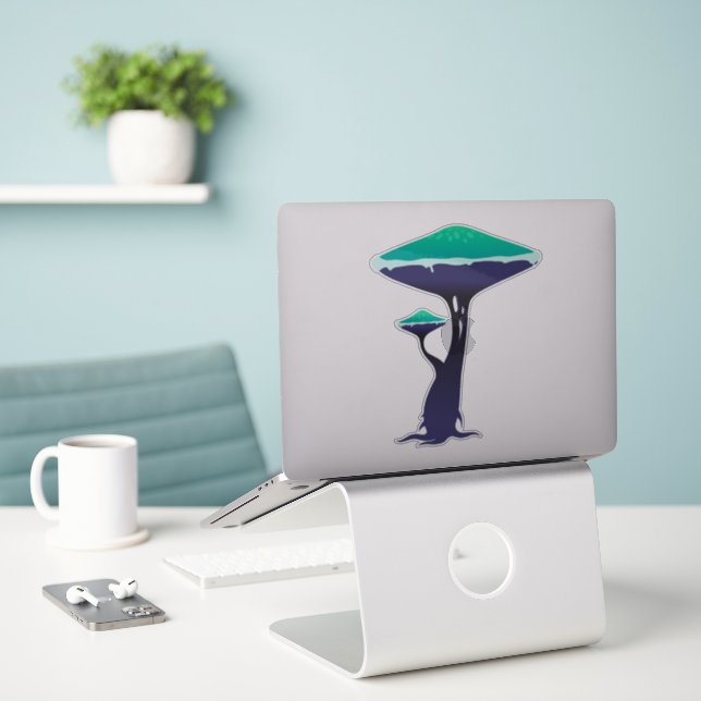 Mystic Neon Mushroom Sticker (Laptop On Desk)