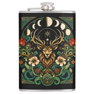 Mystic Pagan Stag and Moon Phase Flask