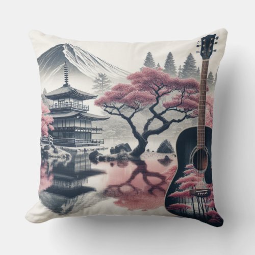 Mystic Pagoda Guitar Blossom Throw Pillow