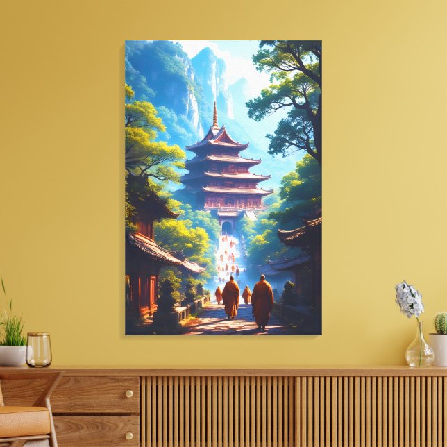 Mystic Pagoda Path at Sunrise Canvas Print (Insitu(LivingRoom))