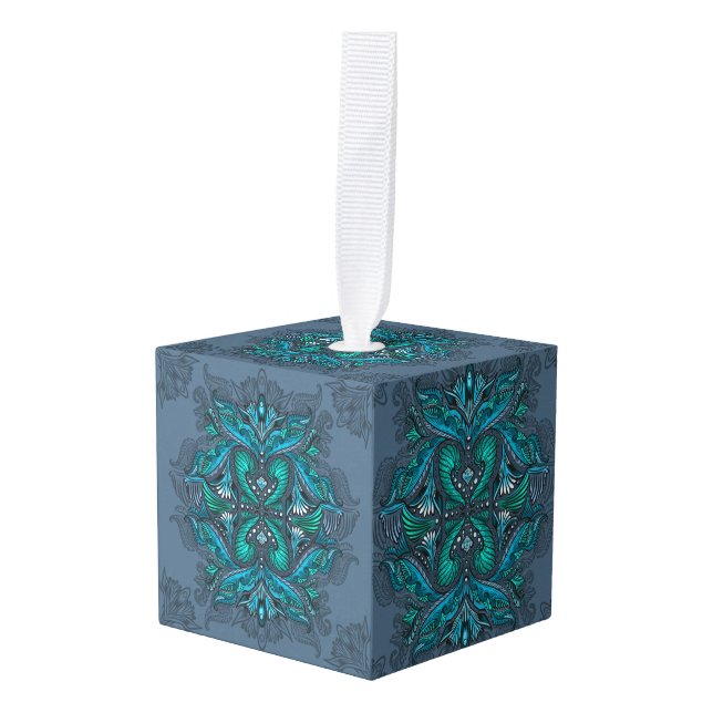 Mystic Peacock Feathers  Cube Ornament (Front Angled)