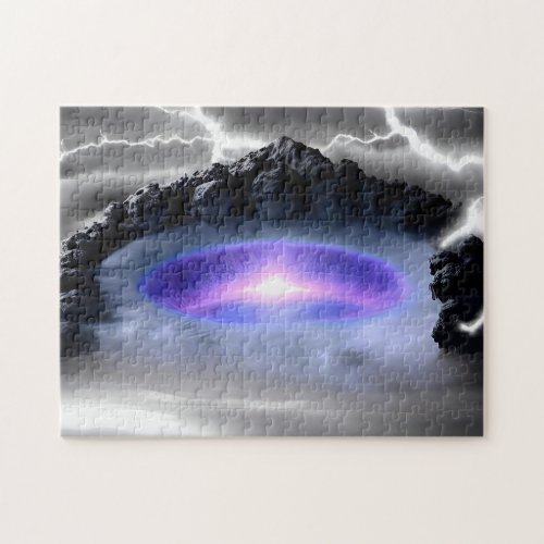 Mystic pink nucleus surrounded by rocky mountains jigsaw puzzle