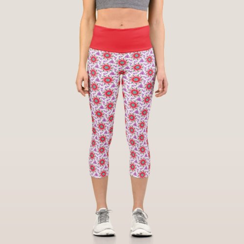 Mystic Pink  Purple Floral High Waisted  Capri Leggings