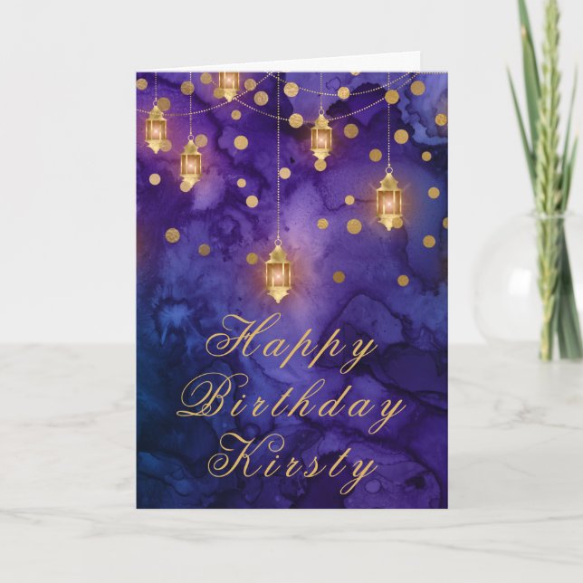 Mystic Purple Blue Fairy Lanterns Bokeh Birthday Card (Front)
