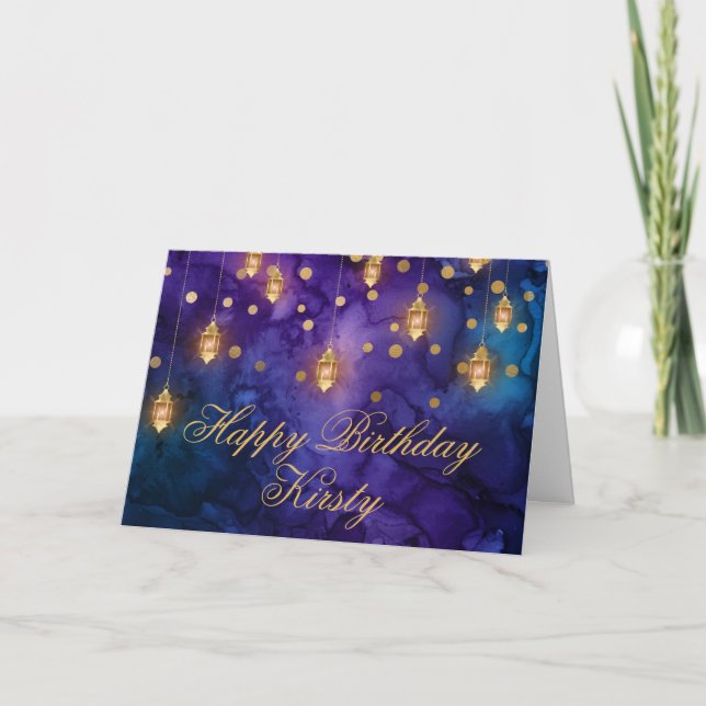 Mystic Purple Blue Fairy Lanterns Bokeh Birthday Card (Front)