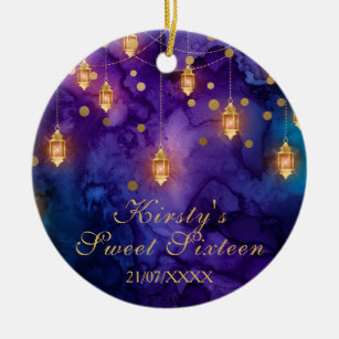 Mystic Purple Blue Fairy Lanterns Bokeh Sweet 16 Ceramic Ornament