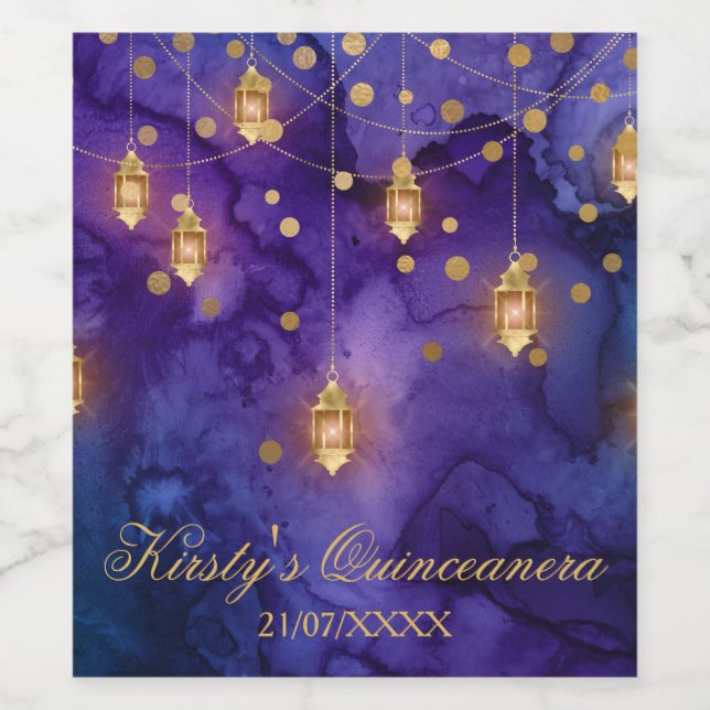 Mystic Purple Blue Lanterns Bokeh Quinceanera Wine Label (Single Label)